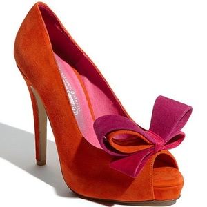 Jeffrey Campbell Garrett Two Tone Double Bow Suede Heels (HOT PINK/ORANGE) (7)